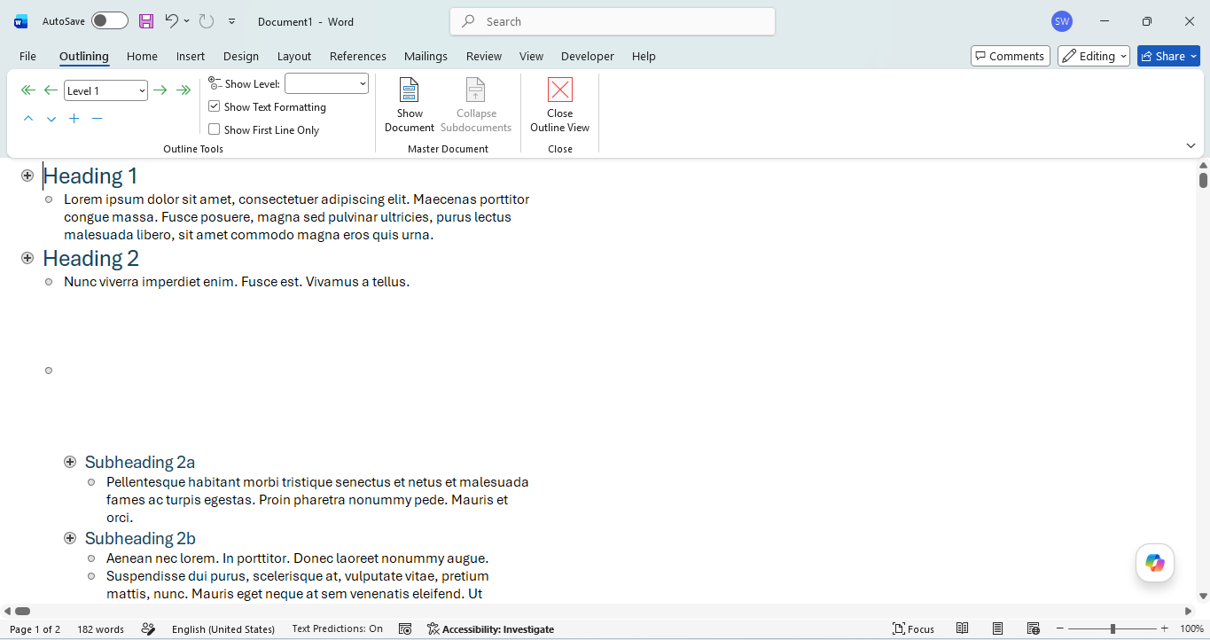 Outline view in Microsoft Word